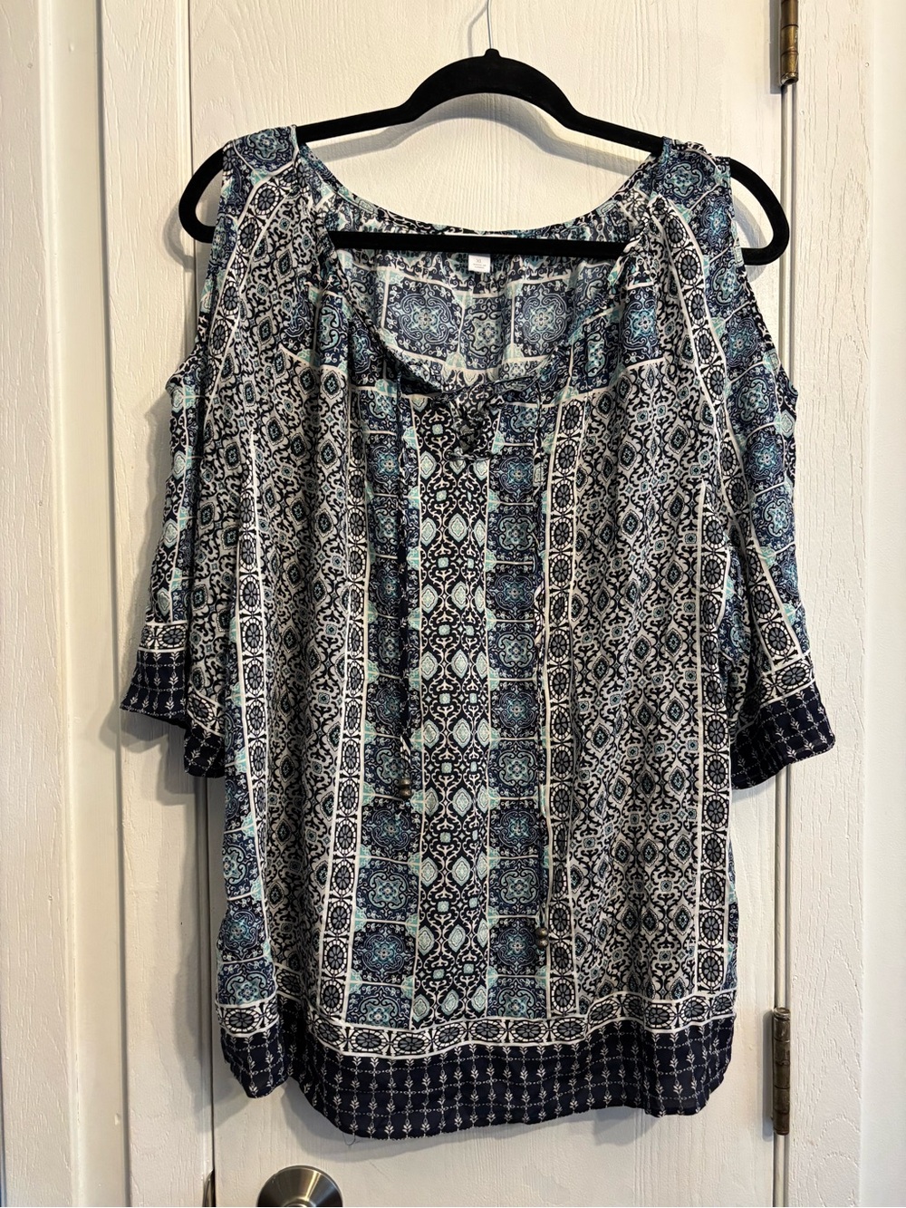 Westport Teal and Navy Cold-Shoulder Printed Blouse